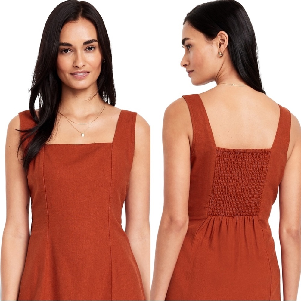 NWTS🍃GAP OLD NAVY XL🍃BRONZE AMBER SQUARE NECK LINEN DRESS W STRAPS BACK SMOCKING - Picture 3 of 15